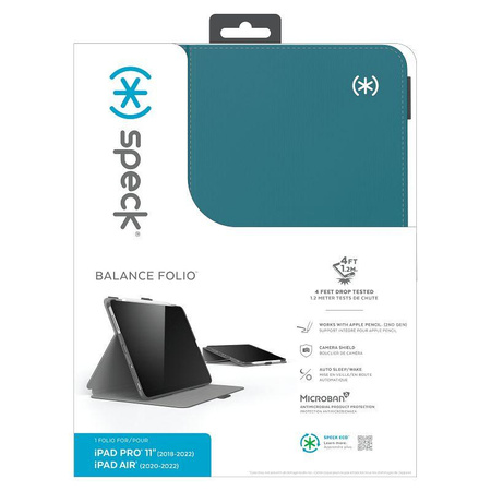 Speck Balance Folio - Étui pour iPad Pro 11" (2022-2018) / iPad Air 11" (2024) / iPad Air 10.9" (5e-4e gén.).) (2022-2020) (Sarcelle/gris nuageux)