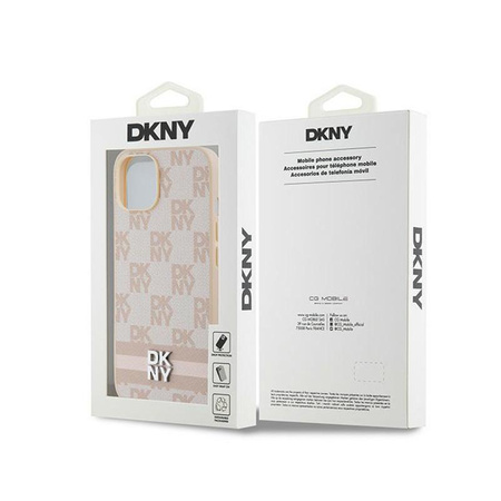 DKNY Leather Checkered Mono Pattern & Printed Stripes - iPhone 14 / 15 / 13 Case (pink)