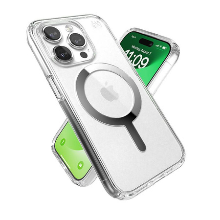 Speck Presidio Perfect-Clear MagSafe - iPhone 15 Pro Case (Clear / Chrome Finish / Serene Silver)