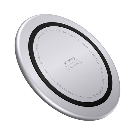 Crong PowerSpot Fast Wireless Charger - hliníková 15W bezdrátová nabíječka Qi USB-C s povrchovou úpravou z tvrzeného skla (stříbrnobílá)