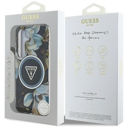 Guess Glitter Flowers Triangle Buttons MagSafe - Hülle für Samsung Galaxy S25 (schwarz)