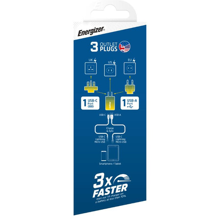 Energizer Ultimate - Multiplug EU / UK / US GaN USB-C & USB-A 38W PD + QC3.0 chargeur de voyage (Argent)