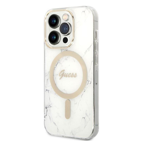 Guess Bundle Pack MagSafe IML Marble - pouzdro MagSafe pro iPhone 14 Pro + sada nabíječky (bílá/zlatá)