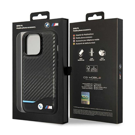 BMW Leather Carbon Blue Line MagSafe - étui pour iPhone 14 Pro (noir)