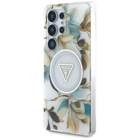 Guess Glitter Flowers Triangle Buttons MagSafe - pouzdro pro Samsung Galaxy S25 Ultra (bílé)