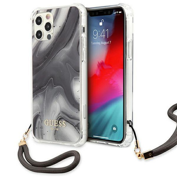 Guess Marble avec cordon - Coque iPhone 12 / iPhone 12 Pro (gris)