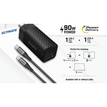 Energizer Ultimate - Multiplug EU / UK / US GaN USB-C & USB-A 90W PD chargeur secteur + câble USB-C (Noir)