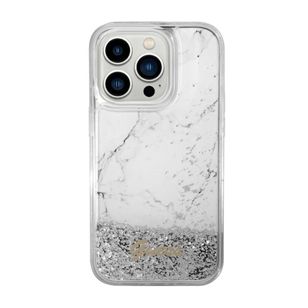 Guess Liquid Glitter Marble - Schutzhülle für iPhone 14 Pro (Weiß)