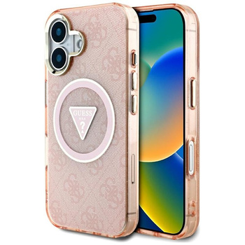 Guess IML Metal Glitter 4G Circle Triangle MagSafe - pouzdro pro iPhone 16 (růžové)