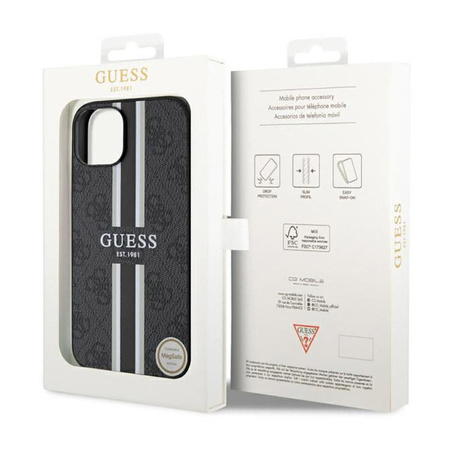 Guess 4G Coque MagSafe à rayures imprimées pour iPhone 14 Plus (Noir)