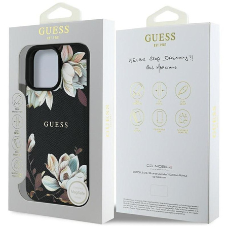 Guess Grained Printed Flower Pattern MagSafe - Hülle für iPhone 16 Pro (schwarz)