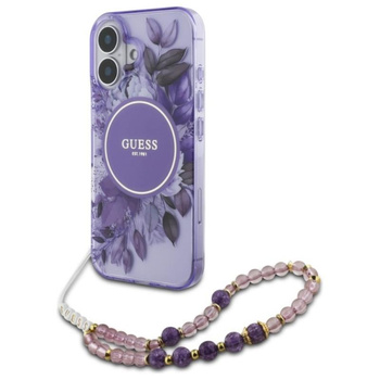 Guess IML Flowers With Pearl Strap MagSafe - pouzdro pro iPhone 16 Plus (fialové)