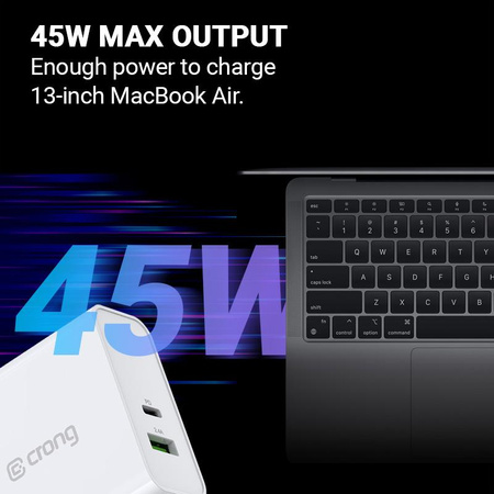 Crong kétportos utazási töltő - USB-A + USB-C Power Delivery 45W hálózati töltő (fehér)