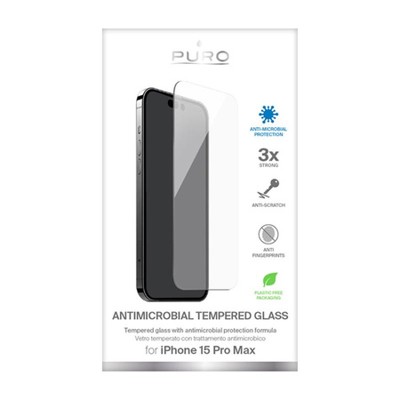 PURO Anti-Bacterial Tempered Glass - Tvrzené ochranné sklo s antimikrobiální ochranou pro iPhone 15 Pro Max