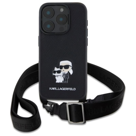 Karl Lagerfeld Saffiano Karl & Choupette Metal Pin CBDY Strap - pouzdro pro iPhone 16 Pro Max (černé)