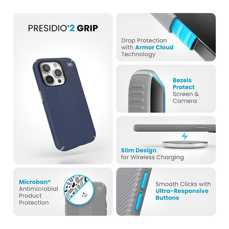Speck Presidio2 Grip - iPhone 15 Pro Case (Coastal Blue / Dust Gray / White)