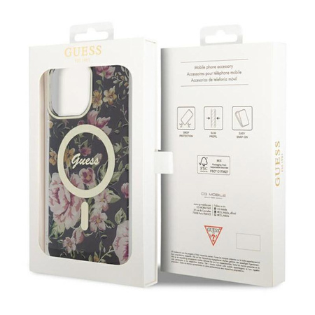 Guess Flower MagSafe - Coque pour iPhone 14 Pro Max (Noir)