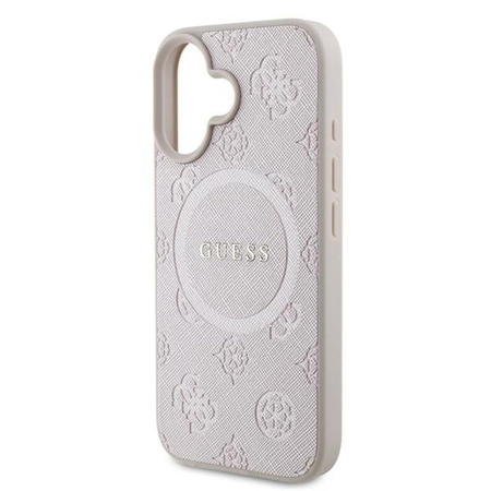 Guess Saffiano Peony Classic Logo MagSafe - Étui pour iPhone 16 Plus (rose)