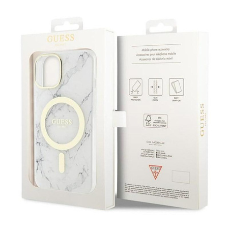 Guess Marble MagSafe - pouzdro pro iPhone 14 Plus (bílé)