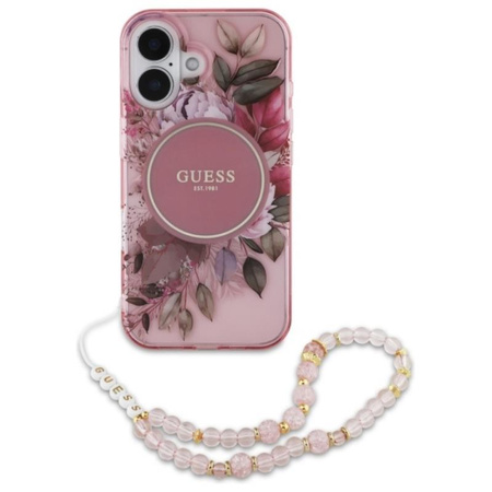 Guess IML Blumen mit Perlenband MagSafe - iPhone 16 Plus Tasche (rosa)