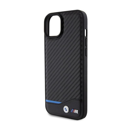 BMW Leather Carbon Blue Line - pouzdro pro iPhone 15 Plus (černé)