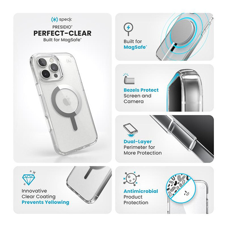 Speck Presidio Perfect-Clear MagSafe - iPhone 16 Pro Max Case (Clair / Finition chromée / Argent Serein)