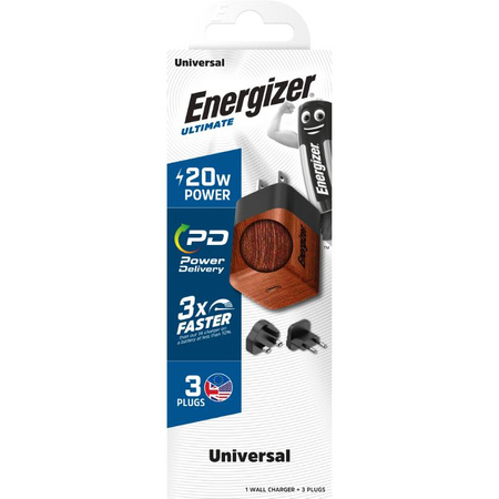 Energizer Ultimate - Multiplug EU / UK / US GaN USB-C 20W PD travel charger (Walnut burl)