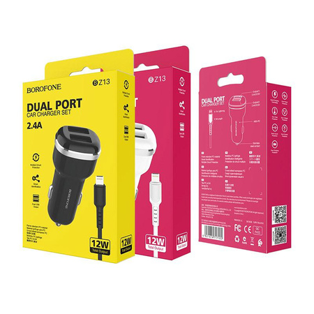 Ładowarka Samochodowa 2x USB Borofone 2.4 A + Kabel Lightning 1m Czarna