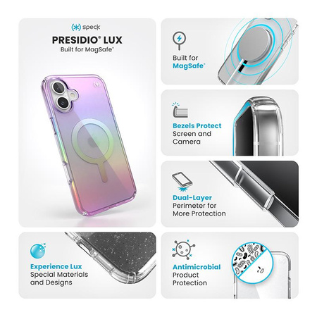 Speck Presidio2 Lux MagSafe - pouzdro pro iPhone 16 Plus (úžasně fialové / čiré)