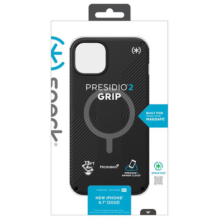 Speck Presidio2 Grip MagSafe - Csúszásgátló tok iPhone 14 Plus készülékhez (fekete / fekete / fehér)