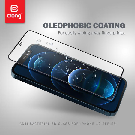 Crong Anti-Bacterial 3D Armour Glass - 9H tvrzené sklo přes celou obrazovku pro iPhone 12 Pro Max + instalační rámeček