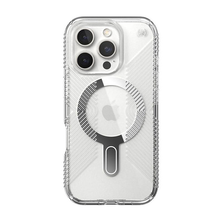 Speck Presidio Perfect-Clear Grip ClickLock & MagSafe - Coque iPhone 16 Pro (Clair / Finition Chrome / Argent Serein)