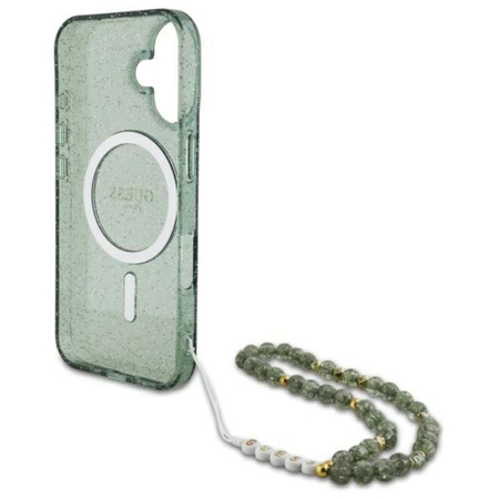 Guess IML Glitter With Pearl Strap MagSafe - pouzdro pro iPhone 16 (zelené)