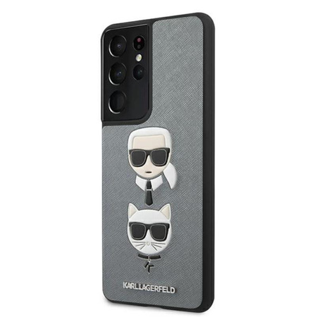 Karl Lagerfeld Saffiano Karl & Choupette Heads - Etui Samsung Galaxy S21 Ultra (srebrny)