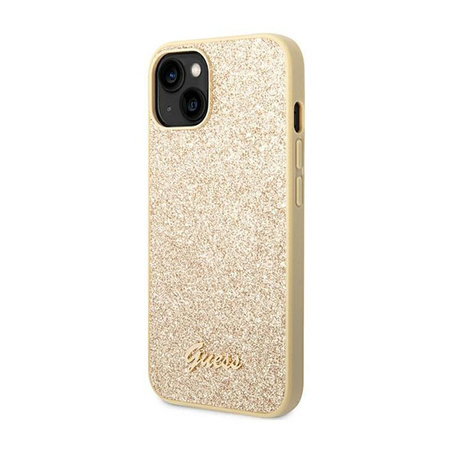 Guess Glitter Flakes Metall Logo Tasche - iPhone 14 Plus (Gold)