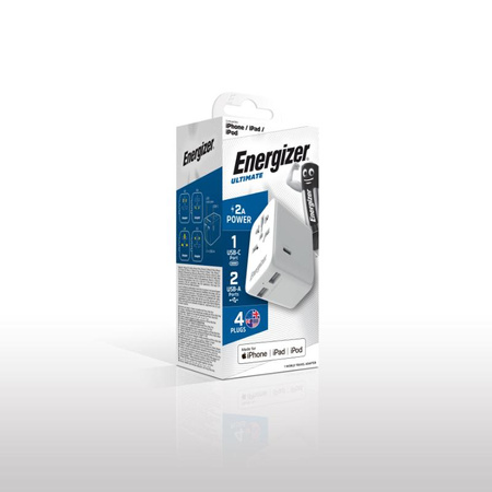 Energizer Ultimate - cestovní adaptér EU / US / AU / UK + 2x USB-A a USB-C s certifikací MFi (bílý)