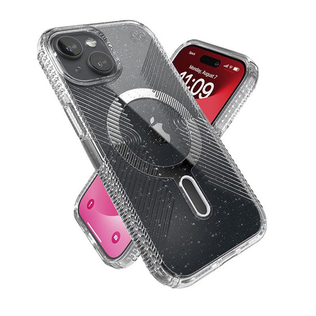 Speck Presidio Lux Grip ClickLock & MagSafe - tok iPhone 16e / iPhone 15 / iPhone 14 / iPhone 13 (átlátszó / Platinium Glitter / krómozott kivitel / Serene Silver)