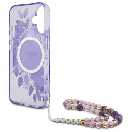 Guess IML Flowers With Pearl Strap MagSafe - pouzdro pro iPhone 16 (fialové)