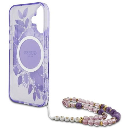 Guess IML Flowers With Pearl Strap MagSafe - Hülle iPhone 16 Plus (Violett)