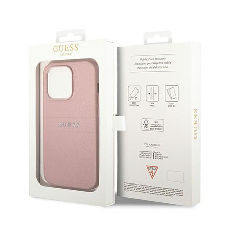 Guess Saffiano fém logós csíkok - iPhone 14 Pro Max tok (rózsaszín)