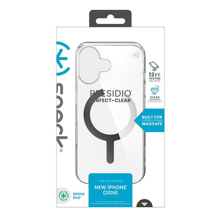 Speck Presidio Perfect-Clear MagSafe - iPhone 16 Case (Clair / Finition Chrome / Argent Serein)