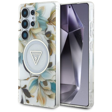 Guess Glitter Flowers Triangle Buttons MagSafe - Case for Samsung Galaxy S25 Ultra (white)