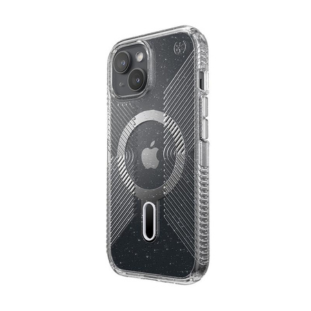 Speck Presidio Lux Grip ClickLock & MagSafe - Coque iPhone 16e / iPhone 15 / iPhone 14 / iPhone 13 (Transparent / Platinium Glitter / Chrome Finish / Serene Silver)