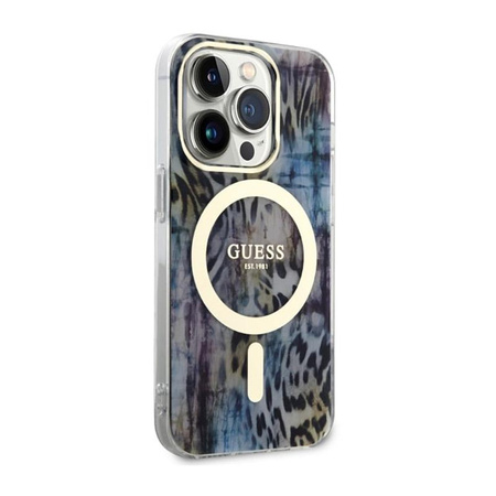 Guess Leopard MagSafe - pouzdro pro iPhone 14 Pro Max (modré)