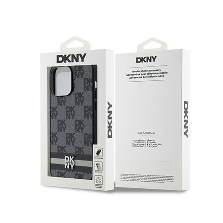 DKNY Leather Checkered Mono Pattern & Printed Stripes - Coque pour iPhone 14 Pro Max (noir)