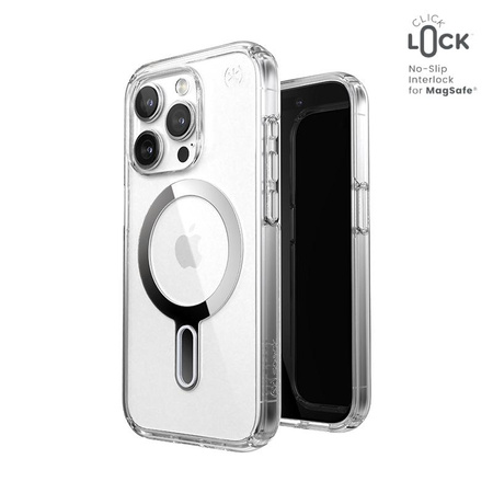 Speck Presidio Perfect-Clear ClickLock & Magsafe - iPhone 15 Pro Case (Clair / Finition Chrome / Argent Serein)