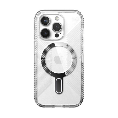 Speck Presidio Perfect-Clear Grip ClickLock & MagSafe - Coque pour iPhone 15 Pro (Transparent / Finition Chrome / Argent Serein)
