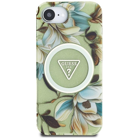 Guess IML Metall Glitter Blumen Dreieck MagSafe - Tasche für iPhone 16e (grün)
