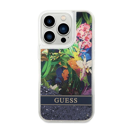 Guess Liquid Glitter Flower - Coque iPhone 14 Pro (bleu)