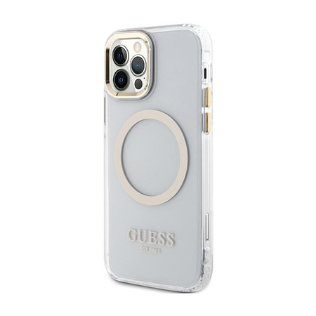 Guess Metal Outline MagSafe - pouzdro pro iPhone 12 / iPhone 12 Pro (průhledné / zlaté)